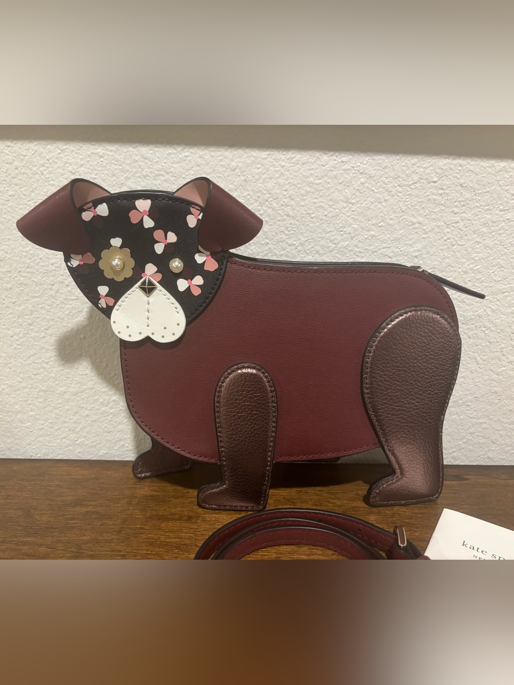 kate spade Burgundy and Brown Dog Crossbody Bag with Floral Face - Picture 3 of 13
